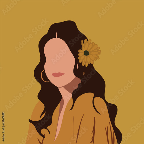 Image with abstract facial portrait of a woman on yellow background. Beautiful woman silhouette illustration for poster, banner, placard, print, canvas, cover, social media in earth tone. Vector