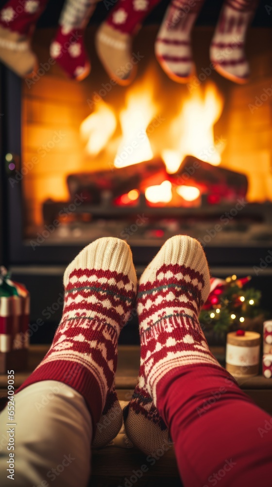 Christmas socks by the fireplace. Generative AI