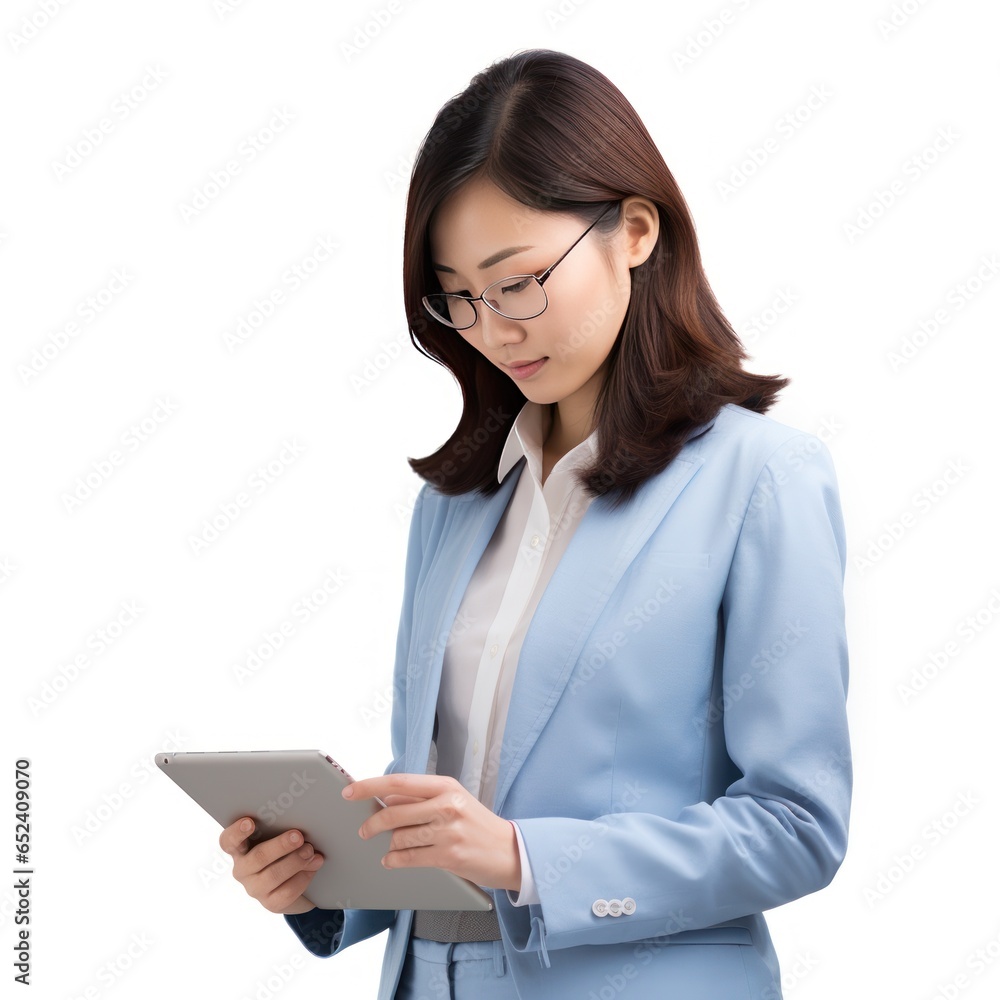 Focused graphic designer from Japan in blue attire Focused graphic designer from Japan in blue attire