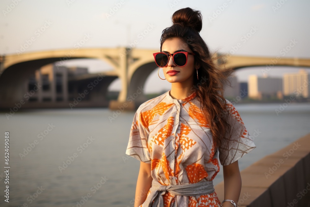 Fashion-forward woman at Sabarmati Riverfront, Ahmedabad in fusion attire