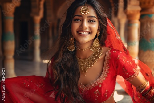 Joyful woman from Rajasthan in traditional lehenga