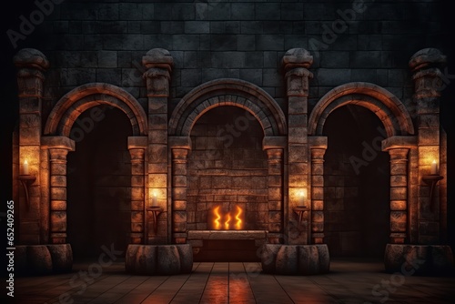 Fotografia Ancient architecture stone arches with fire flames