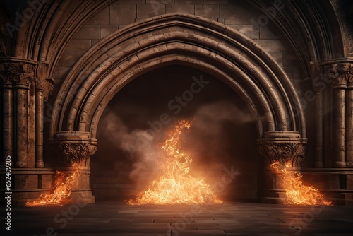 Ancient architecture stone arches with fire flames 