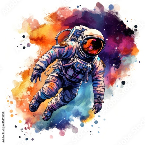 Astronaut watercolor art in vibrant cosmic shades, poised for new adventures