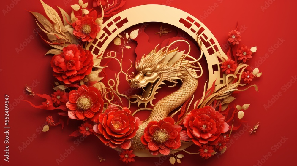 Dragon with flower, lantern, asian elements gold paper cut style on red background, AI generated
