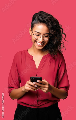 woman of color with curly hair looking at her smartphone with red background