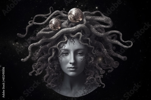 Medusa Gorgon against the backdrop of space. AI Generated