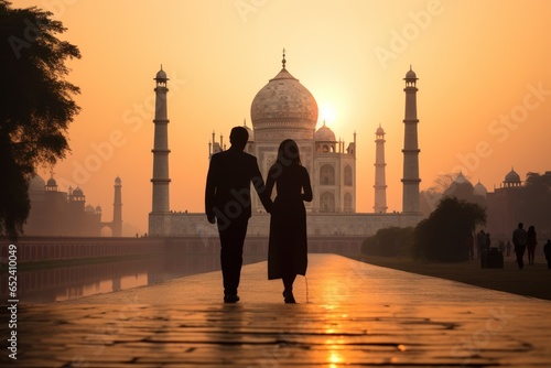 Couple's tender embrace at Taj Mahal sunrise encapsulates romance