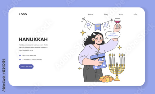 Hanukkah celebrating web banner or landing page. Young woman