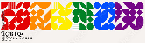 LGBTQ+ History Month Banner. Simple Geometric Pattern of shapes in the rainbow pride flag colors. Vector Illustration.
