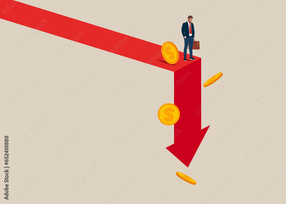 Economy collapse. Financial instability and stock market crash. Investor falling from stack of unstable money. Vector illustration. Economy collapse. Financial instability and stock market crash. Investor falling from stack of unstable money. Vector illustration.