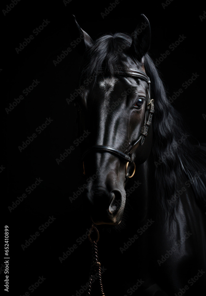 black horse on black background, Illustration of horse photography, studio lighting, AI generative