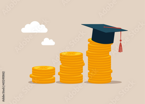 Stacks of gold coins  wearing academic graduation hat mortarboard hat. Flat vector illustration
