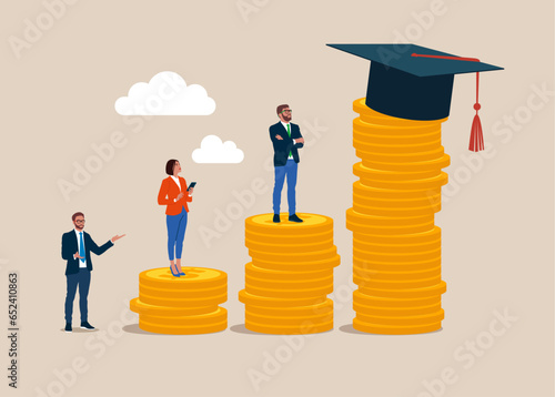 Business people with stacks of gold coins  wearing academic graduation hat mortarboard hat. Tuition fees, scholarship. Flat vector illustration