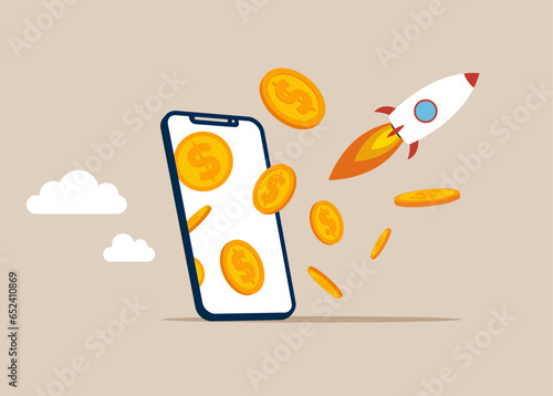 Phone and rocket with flying money coins. Business startup. Flat vector illustration