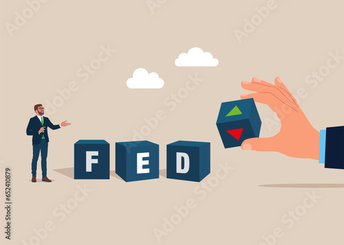 Rate control which effect to world economic growth. Up and down arrow for decrease interest. Flat vector illustration