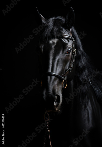 black horse on black background, Illustration of horse photography, studio lighting, AI generative