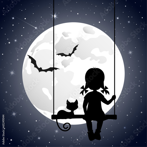 A girl sits on a swing and looks at the moon. Halloween night.