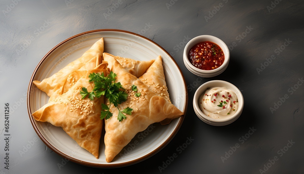 Meat and Vegetable Samosas with dipping sauce, top view Meat and Vegetable Samosas with dipping sauce, top view