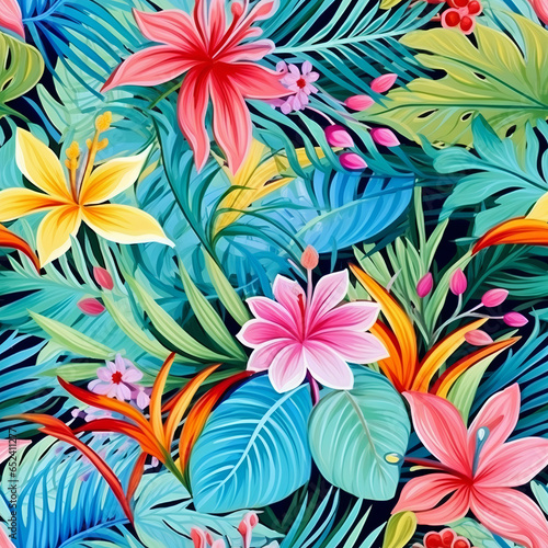 Tropical leaves and flowers repeat seamless pattern background in watercolor and acrylic style
