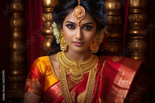 Tamil bride in magnificent Kanjeevaram saree exuding excitement and reverence photo