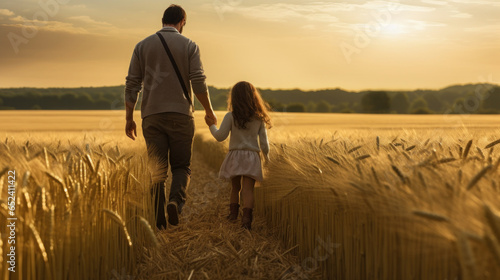 Father and daughter walking hand in hand in a barley field photo