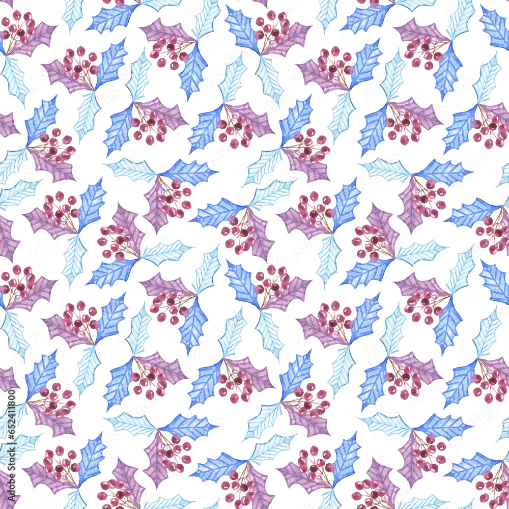 Hand drawn seamless christmas pattern with different blue violet burgundy colored holly mistletoe leaves with berries.New year Xmas party background