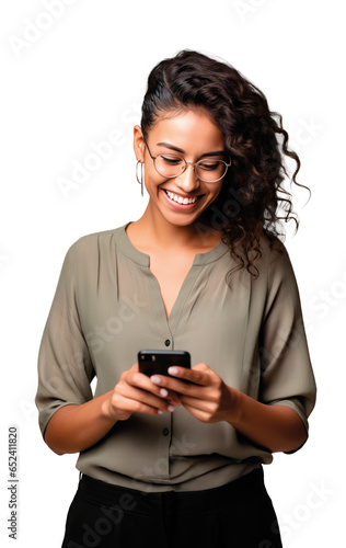 woman of color with curly hair looking at her smartphone with transparent background