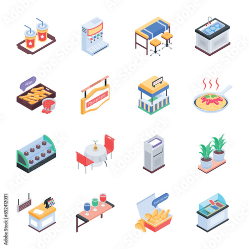 Food Serving and Restaurant Accessories Isometric Icons