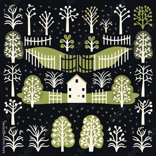 Garden gates and fences pattern, background, hand-drawn cartoon flat art Illustrations in minimalist vector style