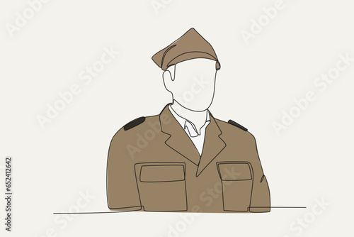 Color illustration of a gallant patriot wearing a uniform. Veteran day one-line drawing
