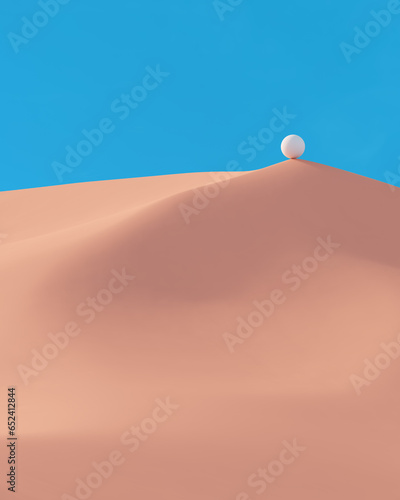 White sphere peach desert dunes blue sky boulder Sisyphus accomplishment concept long shot 3d illustration render digital rendering