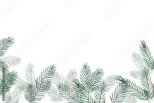 Watercolor frame mock up with green fir conferious christmas tree branches twigs isolated on white background with copy space.Decoration for christmas new year xmas party,horizontal