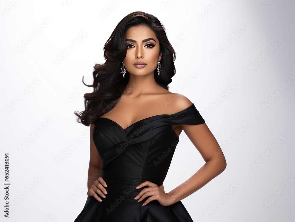 An elegant Indian beauty influencer in a sleek and stylish black evening gown, embodying sophistication and allure in a luxury lifestyle commercial An elegant Indian beauty influencer in a sleek and stylish black evening gown, embodying sophistication and allure in a luxury lifestyle commercial