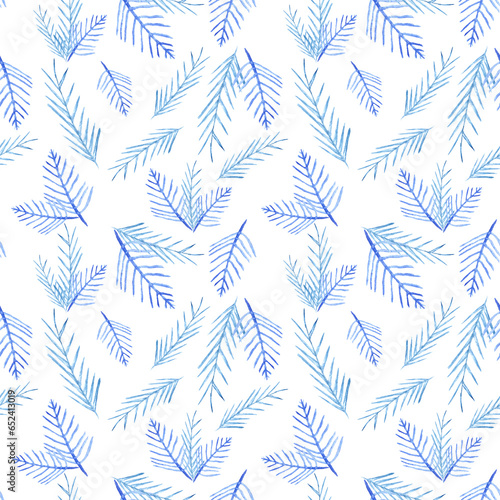 Hand drawn watercolor seamless pattern with lots of blue frost fir tree twigs as winter christmas new year party background wrapping paper.
