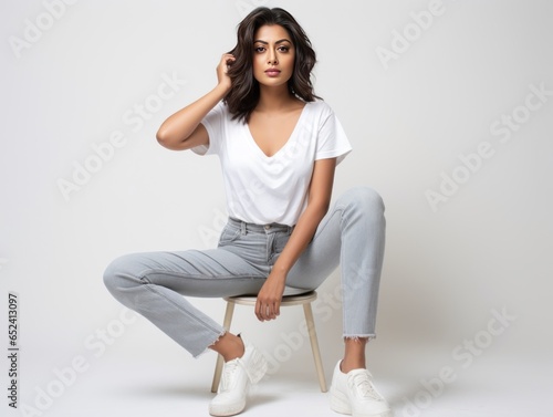 Elegant Indian beauty influencer in casual yet stylish denim jeans and a white tee, showcasing an effortless and timeless fashion look