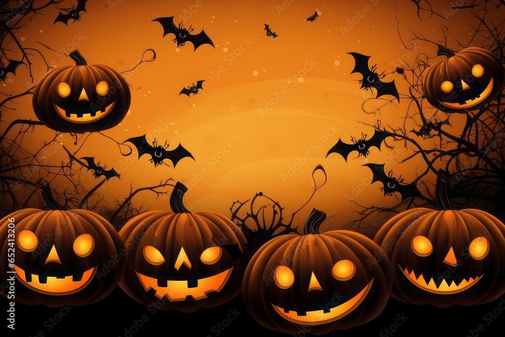Halloween, orange pumpkins with glowing eyes and mouth and black bats