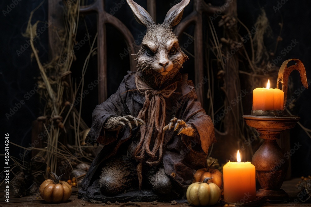 Halloween, scary hare in old clothes in a dark room with cobwebs and dry branches illuminated by a set of candles, orange pumpkins and candles with fire