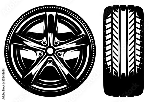 Car wheel, front and side views. Metal disk and rubber tire. Set of vector monochrome illustrations