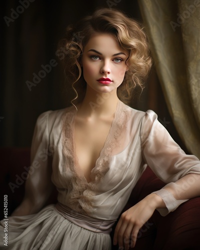 Elegant English lady evokes charm of bygone era in vintage gown photo