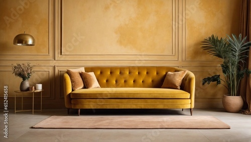Mustard velvet love seat sofa against beige stucco wall