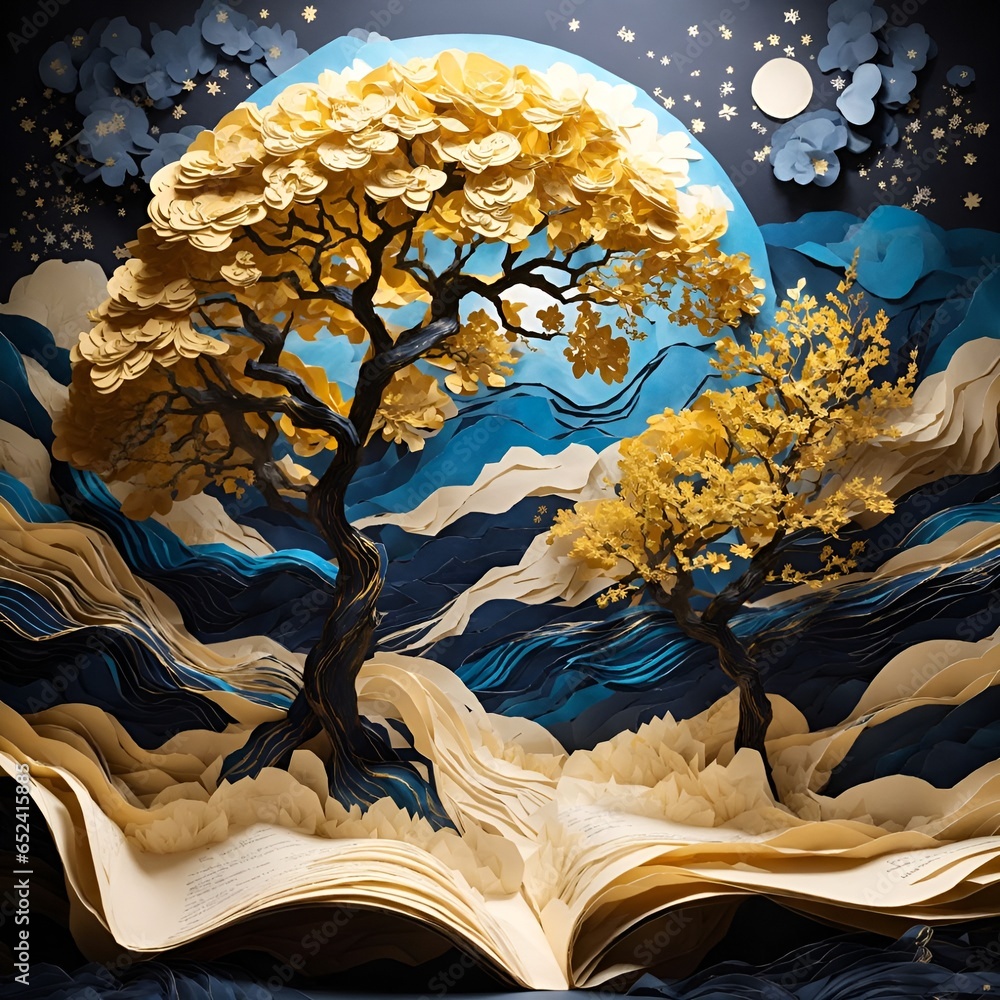 golden tree in landscape made of paper with attractive colors and details 