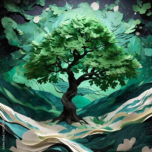 green tree in landscape made of paper with attractive colors and details 