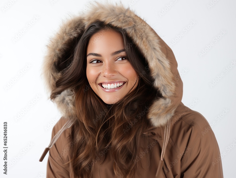 Chic winter charm Joyful Indian beauty in trendy attire Chic winter charm Joyful Indian beauty in trendy attire