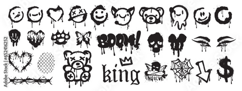 Spray graffiti element vector set, can splatter brush drip smiling kit, urban street black grunge. Hand writing stain splash, heart silhouette airy ink stroke and circles. Spray graffiti dark clipart