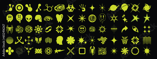 Y2k graphic icon set, retro futuristic space logo kit, brutalist acid groovy shapes collection. Planet symbol, modern 2000s cyber grid decoration clipart, 90s stars techno symbol. Y2k tattoo icon