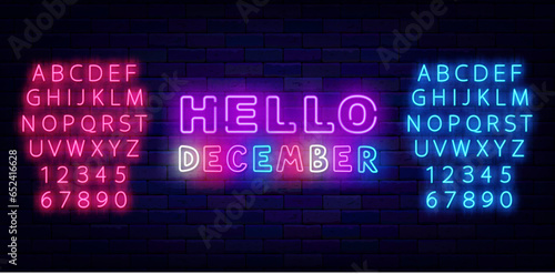 Hello December neon signboard. Colorful handwritten text. Season winter greeting card. Vector stock illustration