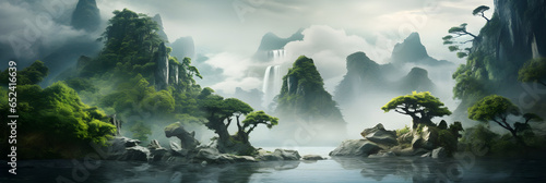 panorama of misty morning on the jungle mountain lake