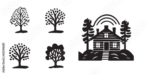 Whimsical forest tree with building design collection vector organic style. Monochrome woodland cottage for outdoor quirky linocut set. 