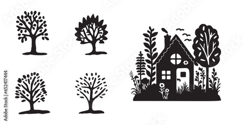 Whimsical forest tree with building design collection vector organic style. Monochrome woodland cottage for outdoor quirky linocut set. 